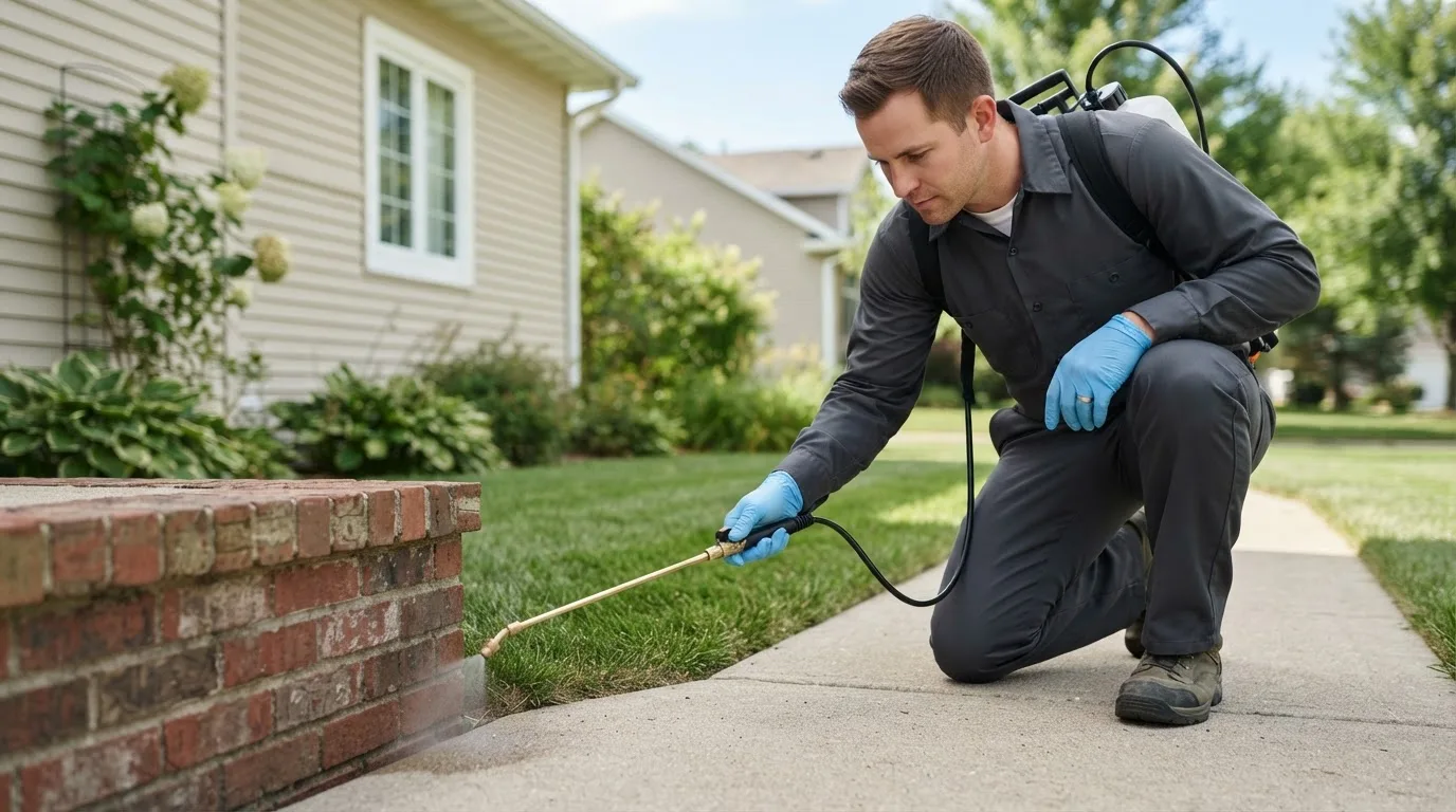 Pest control technician treating a home near New Gloucester, ME