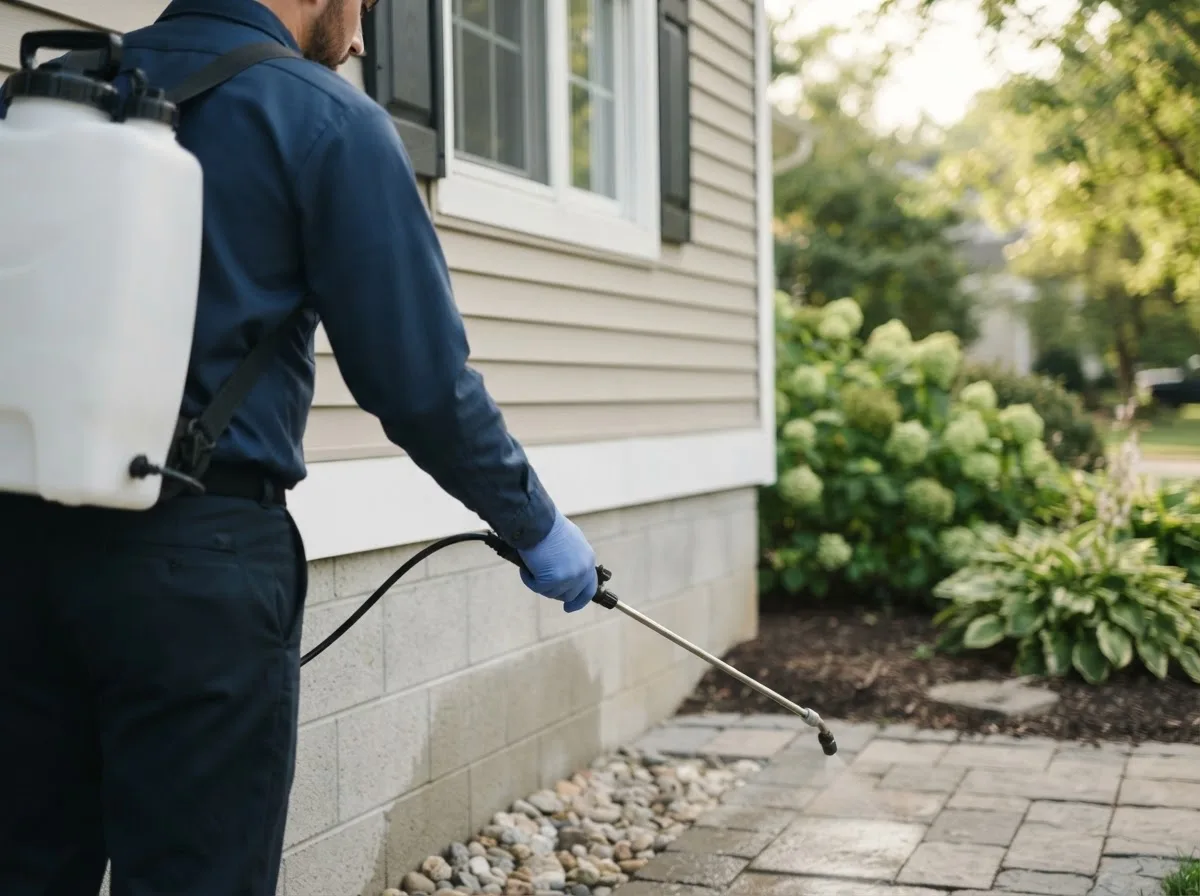 Pest control technician inspecting a home in New Gloucester, ME